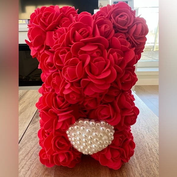 Home Accent Faux Flower Rose Bear with Pearl Heart - Picture 2 of 5